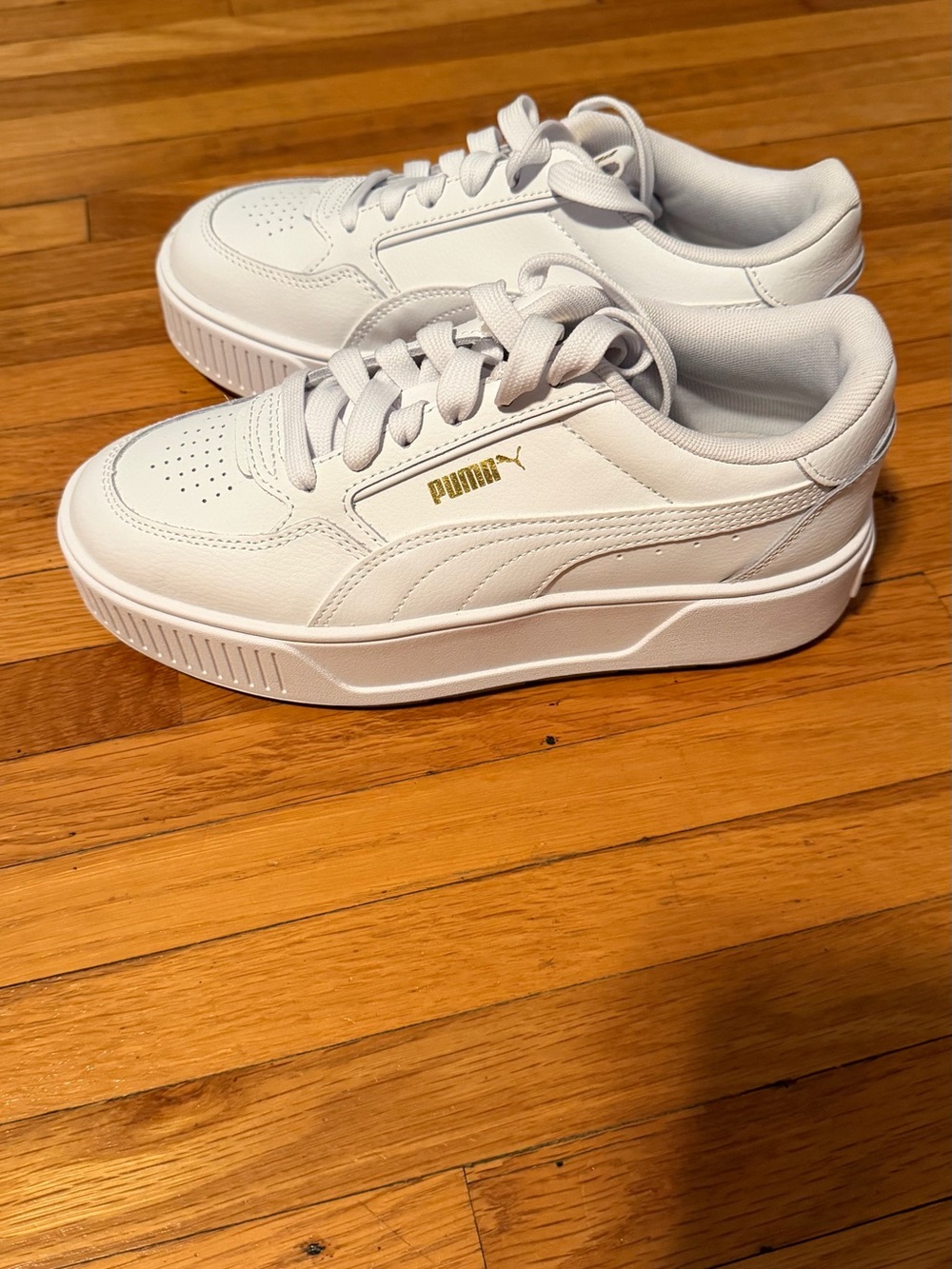 Puma White Leather Platform Sneakers with Gold Logo